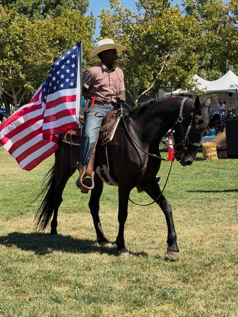 A rider carrying the American flag on horseback at a community event
