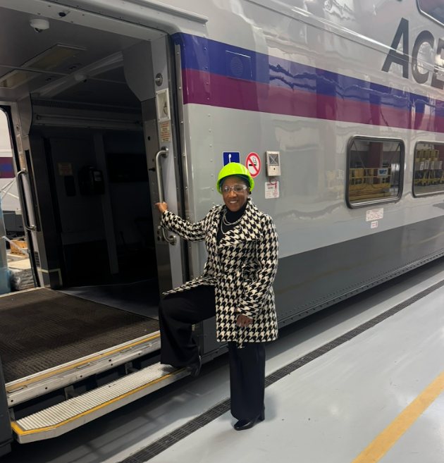 Ronna Green boarding an ACE commuter train