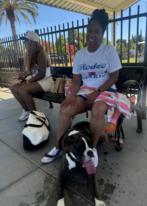 Ronna Green with a dog at the Mountain House dog park